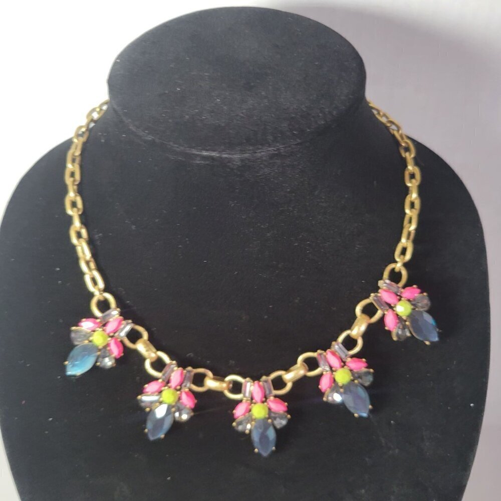 J.Crew Gold-Tone Chain Pink & Blue Crystal Floral Statement Bib Necklace